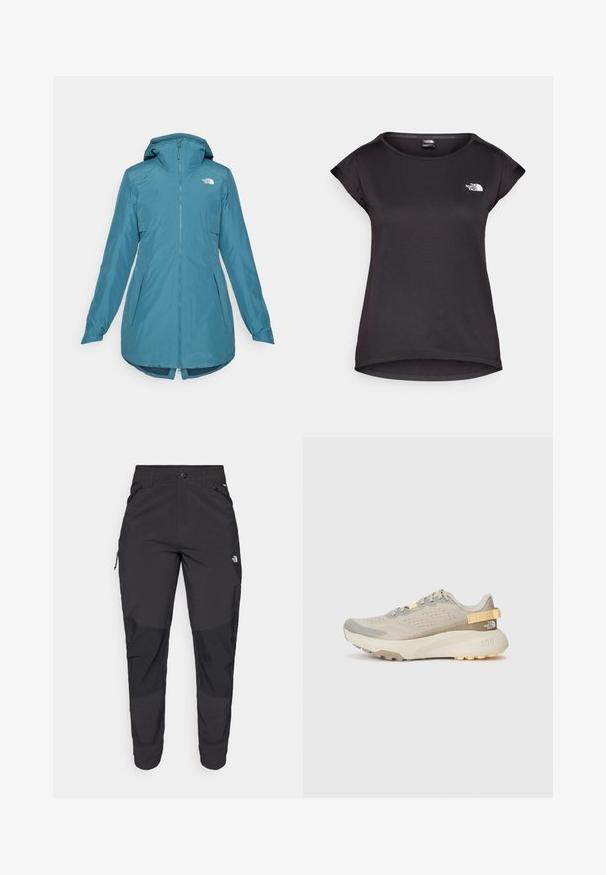 Teal waterdichte jas met capuchon, rits aan de voorkant en twee zijzakken. Heeft elastische manchetten en een langere achterzoom. Logo op de bovenste linkerzijde.; The North Face TANKEN TANK - Sport T-shirt - black; Zwarte outdoorbroek gemaakt van duurzaam materiaal. Voorzien van ritszakken, versterkte knieën en een rechte snit voor optimale bewegingsvrijheid.; Lichtbeige hardloopschoen met een gestructureerde mesh bovenkant, grijze accenten, duurzame rubberen zool en een achterste trekhaak voor gemakkelijk aan- en uittrekken.
