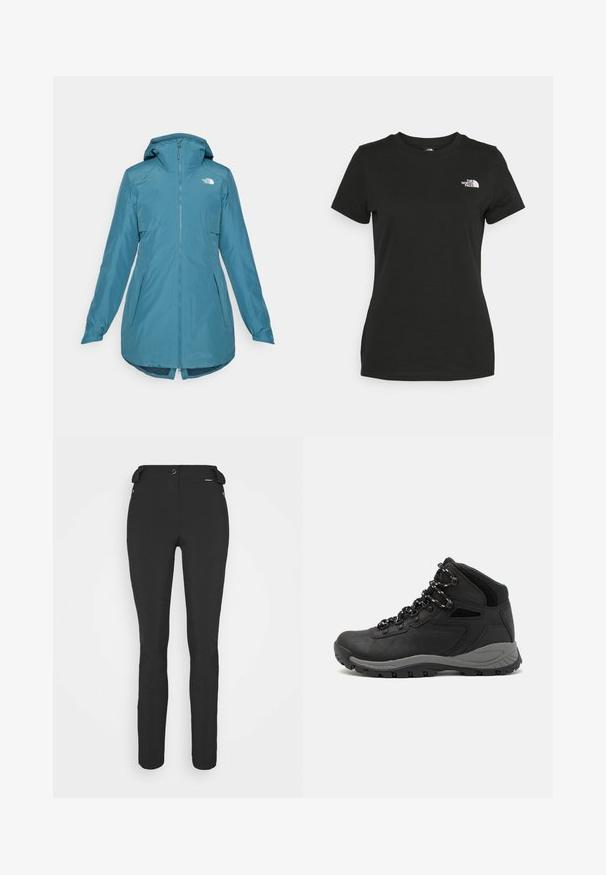 Turbante wasserdichte Jacke in Blaugrün mit Kapuze, Reißverschluss vorne und zwei Seitentaschen. Verfügt über elastische Bündchen und einen längeren Rückensaum. Logo auf der oberen linken Seite.; Schwarzes Baumwoll-T-Shirt mit Rundhalsausschnitt und kurzen Ärmeln. Auffälliges weißes Logo auf der oberen linken Seite. Glatte Textur, lässige Passform.; Schwarze, enganliegende Hosen aus einem flexiblen Material. Zu den Merkmalen gehören eine seitliche Reißverschlusstasche, vorgeformte Knie und eine glatte Textur.; Schwarzer Wanderstiefel mit einem mittelhohen Design, ausgestattet mit einer strukturierten Oberfläche, grauen Akzenten und einer robusten Gummisohle mit Profilstollen.