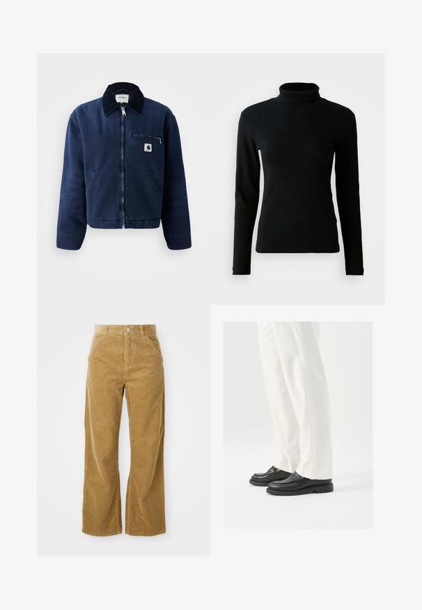 Marineblauwe zip-up jas met zwarte kraag, twee voorkruimelpockets, een borstzak met rits en een klein Carhartt logo-opdruk op de linkerkant van de borst.; Zwarte geribbelde lange mouwen coltrui met een aansluitende silhouette tegen een effen witte achtergrond.; Lichtbruine corduroy wijde broek met een gestructureerd ribbelpatroon, vijf zakken en een knoopsluiting in de taille.; Zwarte leren loafers met een gladde textuur, steekdetails en een ronde neus, gecombineerd met witte, op maat gemaakte broeken.