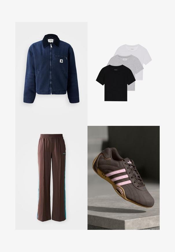 Marineblå lynlåsjakke med sort krave, to forlommer, brystlomme med lynlås og lille Carhartt-logo patch på venstre bryst.; Sæt af tre kortærmede t-shirts i sort, grå og hvid. Fremstillet af bomuld, har en rund hals og et enkelt, ensfarvet design.; Brune træningsbukser med ribbet struktur, elastisk talje og turkise side-striber. Har adidas-logoet foran.; Brune ruskind atletik sko med pink striber og logo, med en tekstureret overdel, snørebåndslukning og en gummirubbersål.
