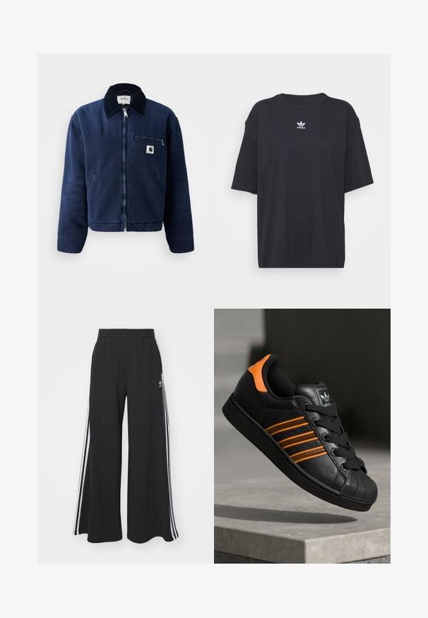 Chaqueta de cremallera azul marino con cuello negro, dos bolsillos frontales, bolsillo con cremallera en el pecho y pequeño parche con el logo de Carhartt en el lado izquierdo del pecho.; Camiseta de algodón negra con mangas cortas, cuello redondo, presenta un logo blanco de Adidas en el pecho. Diseño simple, ajuste relajado.; Pantalones de chándal negros de pierna ancha con una cinturilla elástica, que presentan franjas blancas a los lados y un logo bordado en el muslo izquierdo.; Zapatilla negra con acentos naranjas, tres franjas horizontales, parte superior de cuero texturizado, punta de goma y cordones negros.