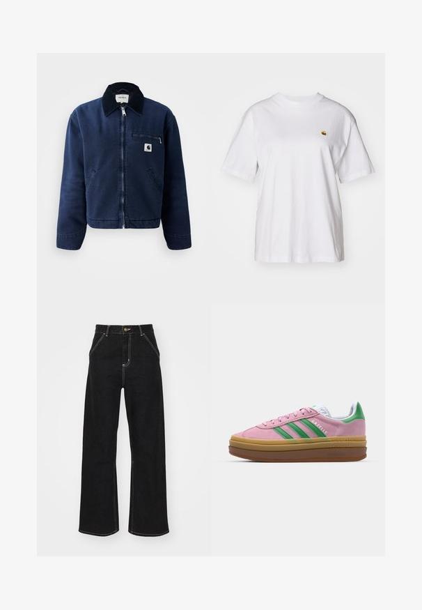 Jaqueta azul-marinho com fecho éclair, colarinho preto, dois bolsos frontais, bolso com fecho no peito e pequeno emblema da Carhartt no lado esquerdo do peito.; T-shirt branca de algodão com um corte descontraído, mangas curtas e um pequeno logótipo bordado na área do peito esquerdo.; Calças de ganga largas pretas, com costuras brancas em contraste e fecho frontal com botão, apresentando dois bolsos frontais inclinados.; Ténis de camurça rosa com riscas verdes, detalhes brancos e sola de borracha castanha. Apresenta tecido texturizado e detalhes de logótipo na lateral.