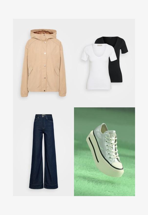 Bežna jakna s kapuco, z zaponko, stranskimi žepi, elastičnimi rokavi in gladko teksturo. Ojačane ramenske šive in notranja podloga so vidne.; Dve prilegače majice s kratkimi rokavi in V-izrezom, ena spredaj bela in ena zadaj črna, prikazane na enostavni svetli podlagi.; Temno modre jeans hlače z visokim pasom in širokimi nogavicami, z prednjimi žepi, zanke za pas, gumbom za zapiranje in vidno šivinami na belem ozadju.; Metallic srebrna teniska z platformo, bele vezalke in črnimi detajli. Ima zaobljen nos in teksturiran gumijast podplat.