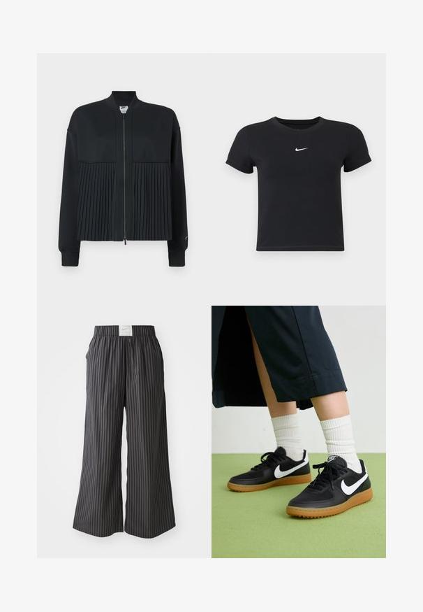 Casaco preto com fecho na frente, apresentando uma parte superior lisa e uma parte inferior plissada. Composto por um material macio e elástico.; T-shirt preta de manga curta feita de algodão, com decote redondo. Apresenta um logótipo branco da Nike no peito, design minimalista e corte ajustado.; Calças largas às riscas pretas e cinzas com um cós elástico e uma etiqueta do logótipo Nike na parte de trás. Tecido leve, design de ajuste solto.; Sapatilhas pretas em couro e sintético com o logo da Nike em branco, sola de borracha tipo goma, bico redondo e atacadores pretos. Meias brancas com frunces visíveis.