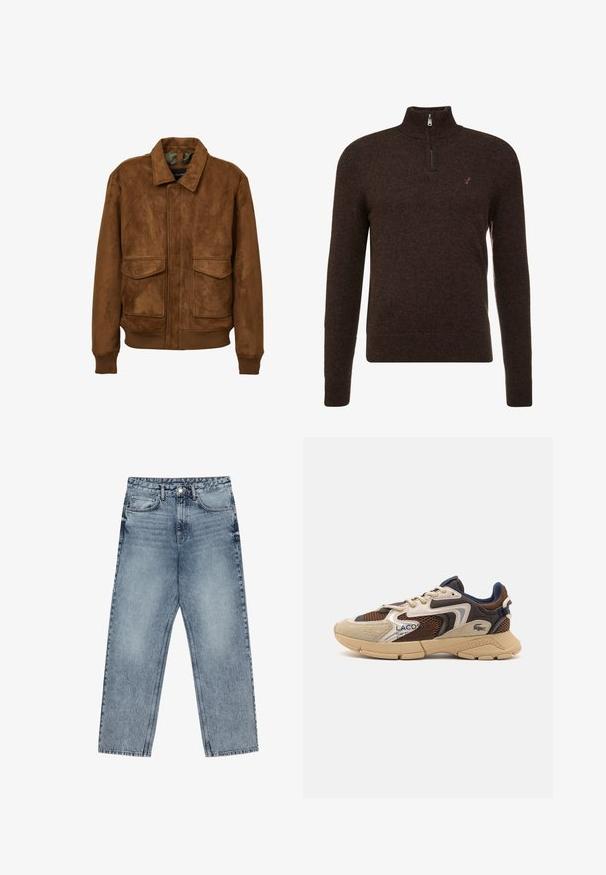 Giacca in faux suede marrone con colletto, due tasche a toppa frontali, polsini a coste e orlo. Texture liscia e vestibilità comoda.; Maglione in maglia marrone con colletto alto e chiusura a mezza zip. Presenta una texture sottile e un piccolo logo sul petto. Maniche lunghe.; Jeans in denim azzurro chiaro con taglio a gamba dritta, cuciture visibili, design a cinque tasche e chiusura a bottoni in vita.; Sneaker beige e marrone con pannelli in mesh testurizzati, accenti in suede e suola in gomma. Presenta un design con lacci e dettagli brandizzati.