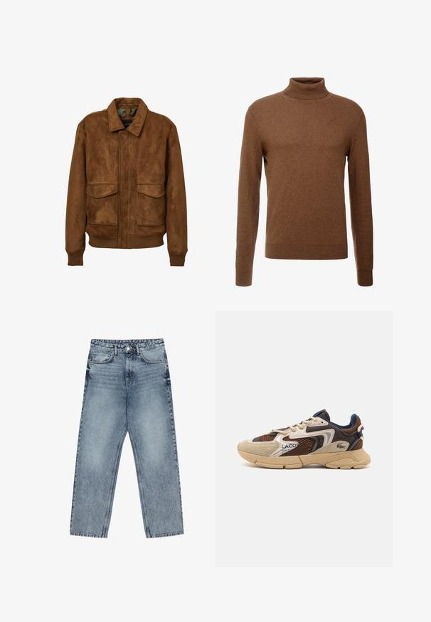 Brauner Kunstwildlederjacke mit Kragen, zwei aufgesetzten Fronttaschen, gerippten Bündchen und Saum. Glatte Textur und lockerer Schnitt.; Brauner Rollkragenpullover aus weichem Stoff, mit langen Ärmeln, gerippten Bündchen und tailliertem Schnitt ohne sichtbare Muster.; Hellblaue Jeans aus Denim mit geradem Schnitt, sichtbaren Nähten, fünf Taschen-Design und einem Knopfverschluss an der Taille.; Beige und braune Sneakers mit strukturierten Netzpaneelen, Wildlederakzenten und einer Gummisohle. Verfügt über ein Schnürdesign und Marken-Detailing.