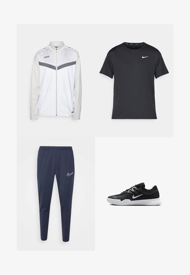 White athletic jacket with a zip front, gray accents, and a textured pattern on the upper half. Features a stand-up collar and logo on the chest.; Black Nike running T-shirt made of lightweight, breathable material, featuring short sleeves and a small white logo on the chest.; Navy athletic pants with elastic waistband, tapered legs, made of smooth fabric, featuring a white Nike logo on the left side.; Black athletic shoe with a textured upper, white Nike swoosh, and a white rubber outsole. Features a lace-up design and dynamic shape.