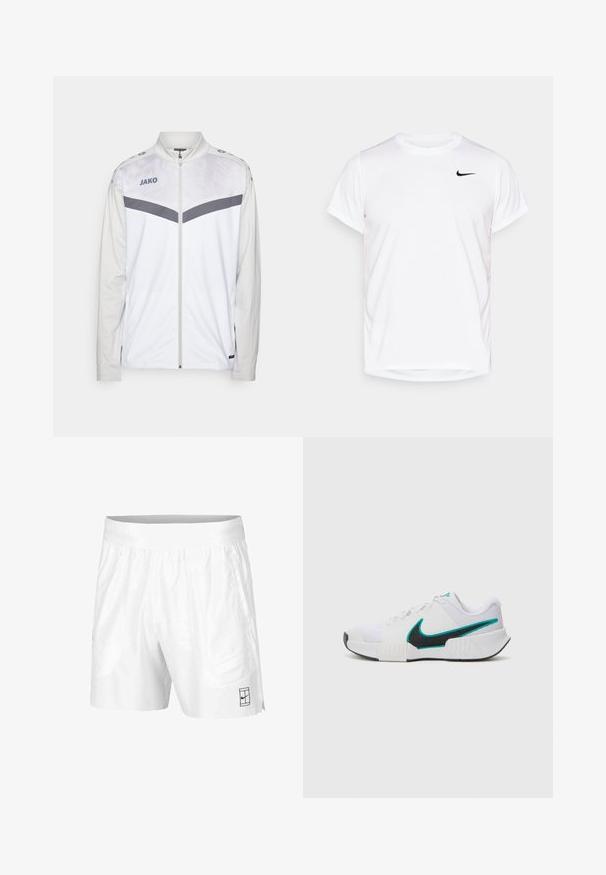 Bela atletska jakna z zadrgo spredaj, s sivimi poudarki in teksturiranim vzorcem na zgornji polovici. Ima stoječ ovratnik in logo na prsih.; Bela kratka majica s kratkimi rokavi Nike, izdelana iz gladkega sintetičnega materiala, z črnim logotipom na levi strani prsnega koša.; Bele športne kratke hlače iz lahkotnega materiala z elastičnim pasom, ki imajo dva stranska žepa in majhen črn logotip na robu.; Bela športna copata z teksturiranim mrežastim zgornjim delom, črnimi gumijastimi podplati in teal Nike simbolom kot poudarkom. Ima vezalke in oblazinjen ovratnik.