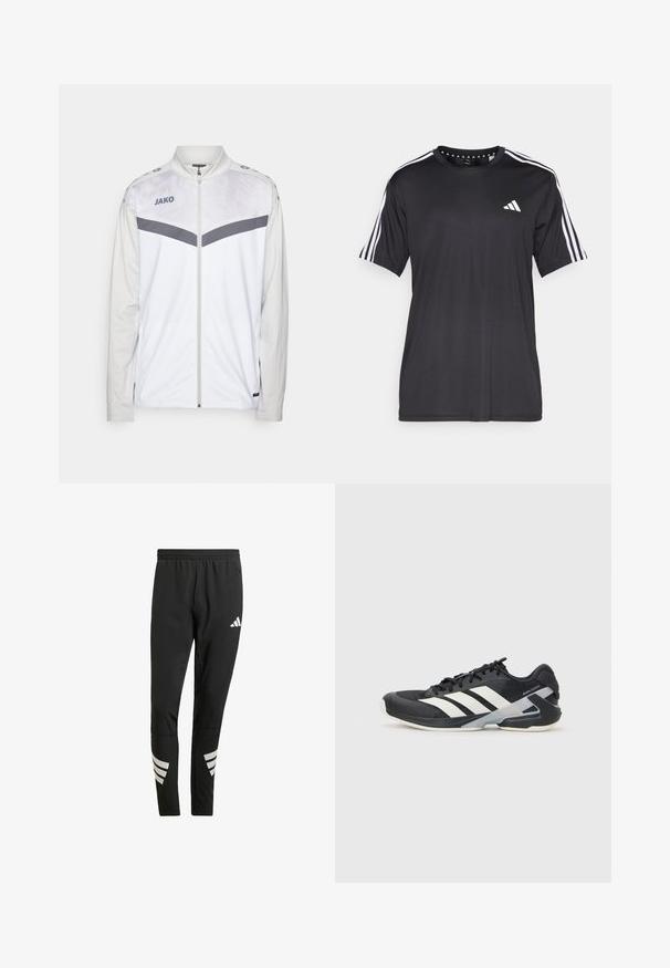 Witte sportjack met een ritssluiting aan de voorkant, grijze accenten en een textuurpatroon op de bovenhelft. Heeft een staande kraag en een logo op de borst.; Zwarte t-shirt met korte mouwen, voorzien van een witte drie-strepen design op de schouders en een logo op de borst. Gemaakt van ademend materiaal met een zachte textuur.; Zwarte sportbroeken met een elastische tailleband, voorzien van reflecterende witte accenten in een gestreept patroon op de onderbenen. Gemaakt van een gladde stof.; Zwarte sportschoen met witte strepen, bovenwerk van mesh, ronde neus en geveerde zool. Heeft een getextureerde hak en een veilig vetersysteem.