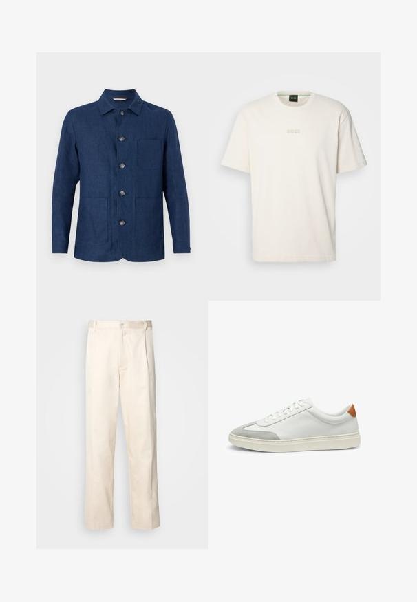 Navy blue linen shirt jacket with a straight collar, five buttons, one chest pocket, and two front pockets. Smooth texture and simple design.; BOSS TEE - Basic T-shirt - open white; Beige cotton trousers with a straight-leg cut, featuring a button closure and pleats at the front for added detail.; White leather sneakers with gray suede accents and a tan leather heel tab. Features a textured surface and lightweight sole.