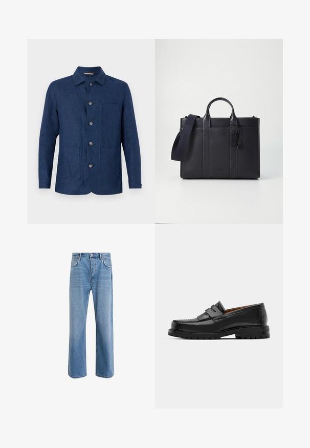 Navy blue linen shirt jacket with a straight collar, five buttons, one chest pocket, and two front pockets. Smooth texture and simple design.; Two black cotton t-shirts with short sleeves and crew necks. Both feature a red brand label at the neckline. Simple, classic design.; Light blue denim jeans with a straight-leg design, five pockets, button closure, minimal fading, and contrasting stitching details.; Black leather loafers feature a raised seam, two decorative straps on the upper, and a thick textured sole for added grip.; Dark navy leather briefcase with dual top handles and a detachable strap. Features textured finish, vertical stitching, and logo detail.