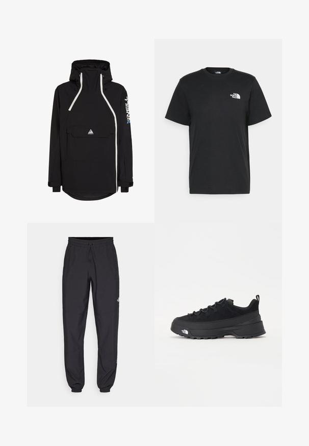 Fekete anorák kabát magas gallérral, fehér részletekkel, első zsebbel és állítható kapucnival. Időjárásálló anyagból készült.; Fekete pamut póló, rövid ujjú, kerek nyakkivágással és egy kis fehér logóval a bal mellrészen. Egyszerű dizájn, sima textúra és laza fazon.; Fekete sportnadrág, könnyű anyagból készült, húzózsinóros derékkal, oldalsó zsebekkel és szűkített szárakkal a bokáknál.; Fekete kültéri sneaker velúr felsőrésszel, texturált gumitalppal és strapabíró fűzőrendszerrel. Megerősített sarkú és oldalán márkalogóval rendelkezik.