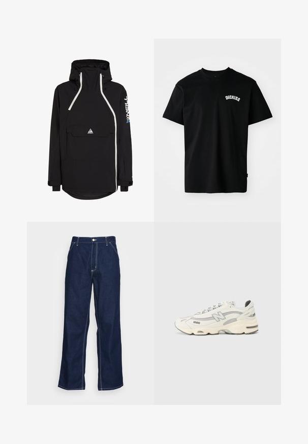 Black anorak jacket featuring a high collar, white accents, front pocket, and adjustable hood. Made from a weather-resistant material.; Black cotton T-shirt with short sleeves and a crew neckline. Features a white curved logo "DICKIES" on the chest. Simple design, no patterns.; Dark blue denim trousers with wide legs, featuring a high waist, front pockets, and contrasting white stitching along seams.; White sneakers with mesh and synthetic overlays, featuring a prominent N logo, gray accents, and a thick rubber sole. Model 1000.
