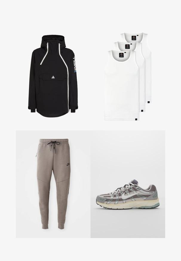 Mustat anorakki-takki, jossa on korkea kaulus, valkoiset yksityiskohdat, etutasku ja säädettävä huppu. Valmistettu säänkestävästä materiaalista.; Kolme valkoista ribbitekstiilistä toppia, jotka on valmistettu puuvillasta. Ominaisuuksiin kuuluu pyöreä pääntie ja pieni musta etiketti helman lähellä. Saatavilla useissa kooissa.; Harmaat Nike-juoksuhousut, joissa on kiristysnyöri vyötäröllä, kapeat lahkeet, sivutaskut ja erottuva sauman yksityiskohtaisuus. Pehmeä, tekstuuri kangas.; Harmaa urheilukenkä, jossa on verkko- ja mokkanahkainen yläosa, valkoiset yksityiskohdat, pehmustettu pohja ja erottuva muotoilu heijastavilla elementeillä.
