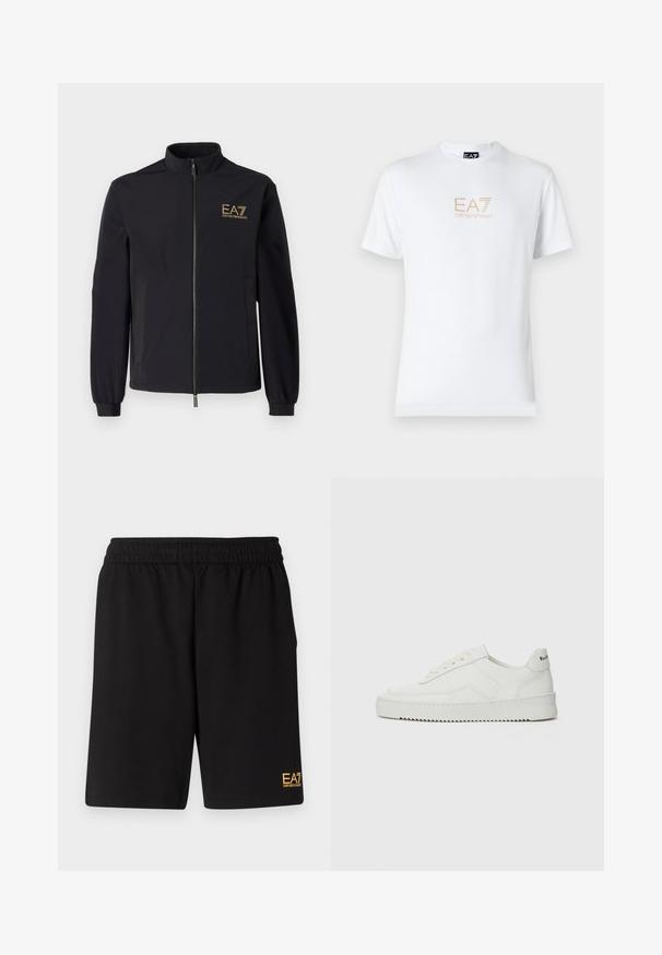 Must värvi pehmejakiga, millel on kõrge krae, lukk ees ja kaks külgtaskut. Rinna peal kullatooni EA7 Emporio Armani logo.; Valge puuvillane T-särk, millel on ümmargune kaelus ja lühikesed varrukad, ning mille esiosal on kuldne EA7 Emporio Armani logo.; Mustad mustad lühikesed püksid, mis on valmistatud pehmest kangast. Omavad elastset vöökohta ja väikest kollast EA7 logo vasakul jalal.; Valge nahast tennis, millel on sile põhi, ümar varvas, lamedad nöörid ja tekstuuriline tall. Sisaldab diskreetset logo kontsaribal.