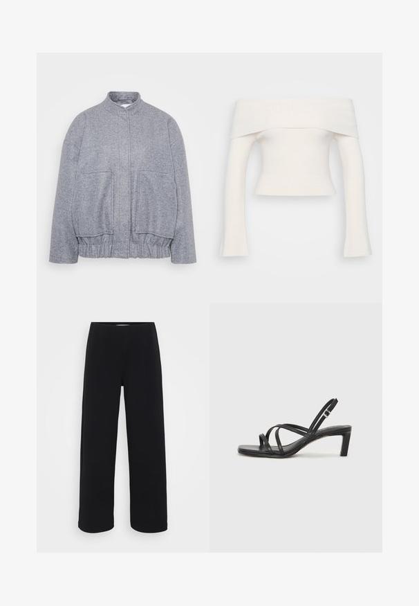 Grå, teksturert jakke med høy krage, elastisk kant og store frontlommer. Har en avslappet passform og minimal sømdetalj.; Off-the-shoulder, ribbet strikket topp i hvit. Korte design med lange ermer som vidder ut ved håndleddene. Myk tekstur, minimal detaljering.; Svart bukser med vid benvidde og elastisk midjebånd. Laget av et strukturert materiale, med en løs passform og rett snitt fra hoftene til sømmen.; Sorte sandaler med stropper, firkantet tå og lav blokk hæl. Har flere tynne stropper og en justerbar ankelstropp. Laget av glatt lær.