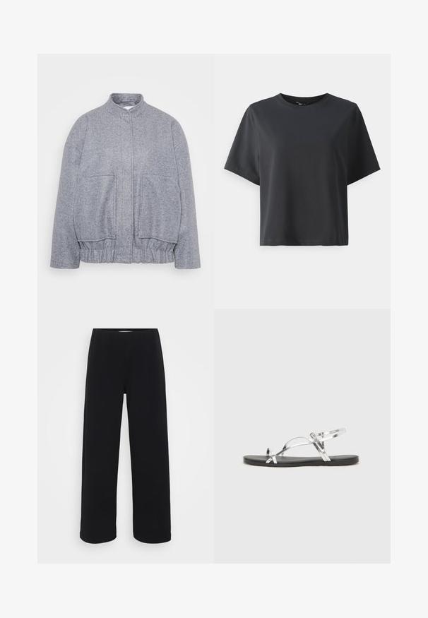 Jachetă gri, texturată, cu guler înalt, tiv elasticizat și buzunare mari în față. Prezintă o croială lejeră și detalii de cusătură minime.; Tricou negru din bumbac, mâneci scurte, guler rotund, croială lejeră, textură netedă, design simplu, fără modele sau accente.; Pantaloni negri cu picior larg, având un baret elastic. Confecționați dintr-un material texturat, cu un croi lejer și linie dreaptă de la șolduri până la tiv.; Sandale metalice argintii cu un design minimal, având curele subțiri și o talpă plată neagră. Printre elementele de atracție se numără accentele cu curele încrucișate.