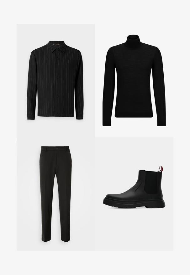 Musternitega must jope, millel on tumepunased vertikaalsed triibud, krae, nööbislukk ja pikad varrukad. Valmistatud siledast kangast.; Musthave muströid ja pehmest materjalist must turtleneck, millel on pikad varrukad ja tihe istuvus. Ribaga ääris allservas ja vöökohal. Lihtne disain.; Mustad püksid siledast kangast, sirgete jalgadega, nupuvõtme sulgemisega ja klassikaline disain, sobiv nii ametlikeks kui ka igapäevasteks kandmiseks.; Mustad musta värvi ankle boot, millel on sile viimistlus, elastsed külgpaneelid ja kontrastne punane tõmbetaba. Saapadel on paks kummist tald ja ümar varvas.