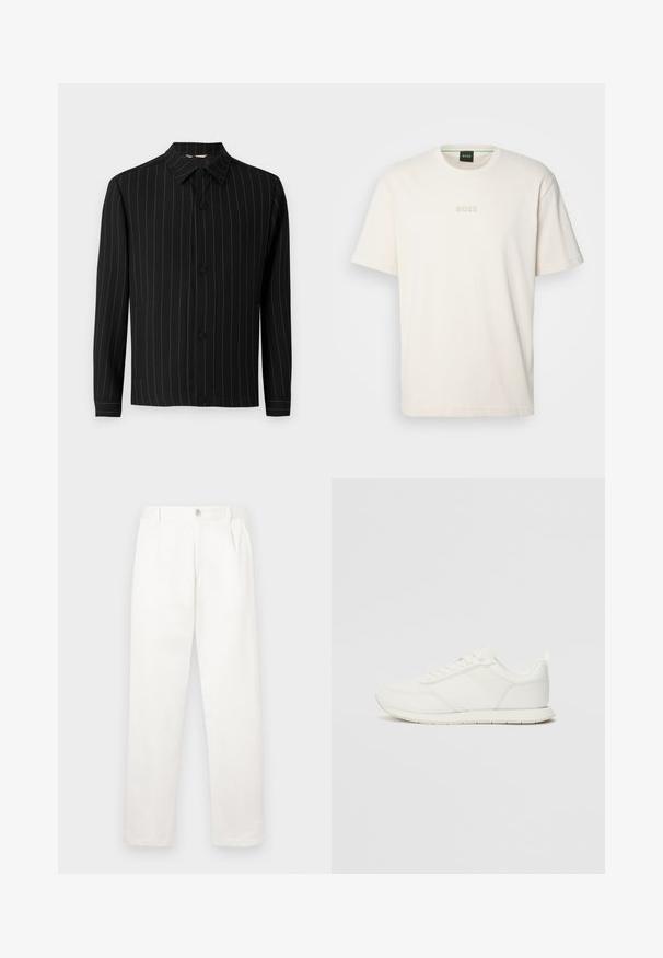 Črna jakna z navpičnimi črtami v temno rdeči barvi, z ovratnikom, gumbnim zapiranjem in dolgimi rokavi. Narejena iz gladkega materiala.; BOSS TEE - Navadna majica - open white; Bele hlače iz gladkega blaga, z ravnimi nogami, sprednjimi gubami in enim gumbom za zapiranje v pasu.; Bela tenisa z mrežasto in sintetično zgornjo plastjo, okroglo oblikovano prstno območje, ravne vezalke in teksturirana stranska črta. Gumijast podplat z zanko na hrbtni strani.
