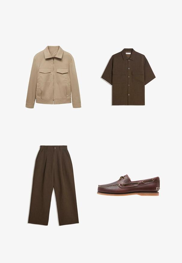 Hellbeige Jacke aus Baumwollmischung, mit Kragen, Frontreißverschluss und zwei Brusttaschen mit Klappen.; Kurzärmliges, dunkelbraunes Hemd aus strukturiertem Stoff. Verfügt über eine Knopfleiste und zwei Brusttaschen. Lässiges Design mit entspannter Passform.; Braune Plisseehosen mit weitem Bein, ausgestattet mit einem Knopfverschluss und seitlichen Taschen, aus strukturiertem Stoff, der sich gut für Freizeitkleidung eignet.; Braune Lederbootsschuhe mit weißen Nähten, braunen Schnürsenkeln und einer sandfarbenen Gummisohle. Mit einem Logo an der Seite und Metallösen für die Schnürsenkel.