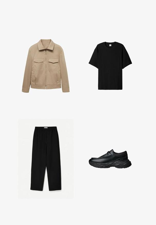 Giacca beige chiaro in misto cotone, con colletto, zip frontale e due tasche sul petto con chiusura a patta.; Maglietta nera a maniche corte con collo rotondo, caratterizzata da una vestibilità rilassata e una superficie testurizzata. Design semplice; senza grafiche o accenti.; Pantaloni neri a gamba larga realizzati in un tessuto leggero. Presentano una vita elasticizzata e una texture liscia. Senza motivi visibili o accessori.; Scarpe slip-on in pelle nera con punta arrotondata e suola in gomma spessa e testurizzata. Presentano cuciture sottili e dettagli in elastico sul colletto.