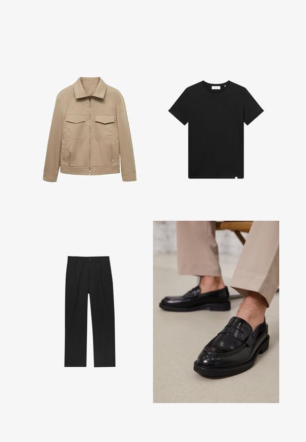 Lichtbeige katoenen jas met een mix van materialen, voorzien van een kraag, een ritssluiting aan de voorkant en twee borstzakken met kleppen.; Zwarte T-shirt met korte mouwen van katoen, met een ronde hals en een klein logo geborduurd op de borst. Soepele textuur, normale pasvorm.; Zwarte broeken met een recht model, gemaakt van een gladde stof. Voorzien van een voorplooien en een enkele knoopsluiting bij de taille.; Zwarte leren loafers met een gladde afwerking, voorzien van een decoratieve band en contrasterende stiksels, gecombineerd met beige broeken.