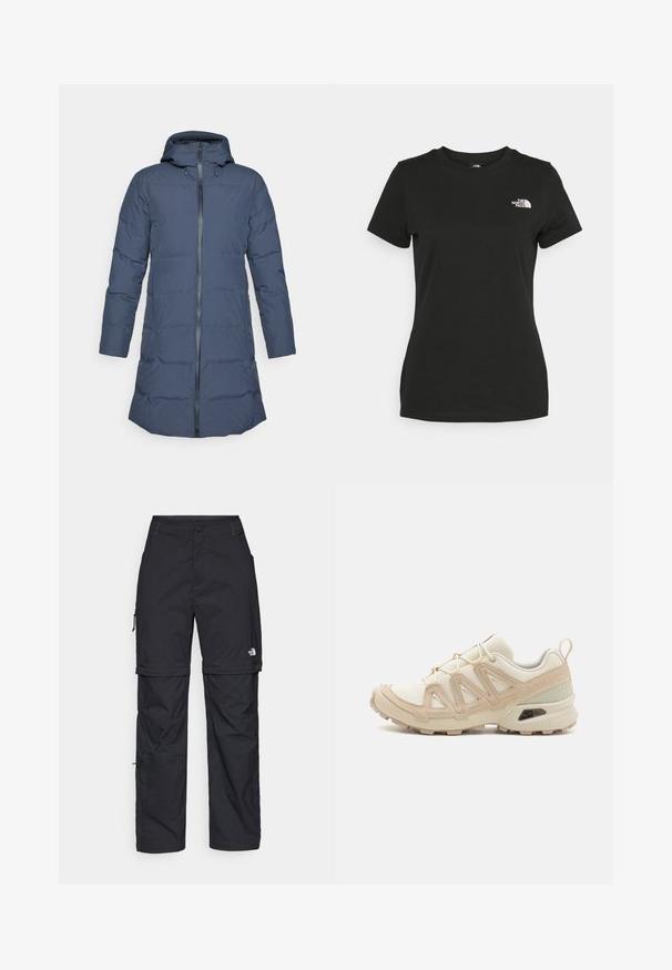 Casaco de inverno longo, em azul-marinho, acolchoado, com capuz e fecho frontal com zíper, projetado para proporcionar calor e uso ao ar livre.; T-shirt de algodão preta com decote redondo e mangas curtas. Logótipo branco notável no lado superior esquerdo. Textura suave, ajuste casual.; Calças cargo pretas em nylon com fechos de correr removíveis, punhos ajustáveis, múltiplos bolsos e um logótipo na perna direita. Textura suave e leve.; Sapatilha atlética beige e creme com parte superior em malha texturizada, sobreposições de suporte e sola de borracha com um padrão de cravo para tração.
