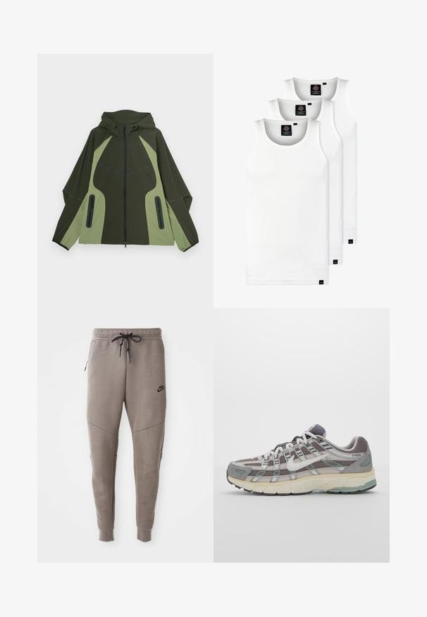 Olivengrønn jakke med lysegrønne detaljer, hette, frontglidelås og to glidelåslommer. Har en unik, vinklet design og tekstur.; Tre hvite ribbestrikkede tank topper laget av bomull. Har en rund hals og små svarte etiketter nær kanten. Tilgjengelig i flere størrelser.; Grå Nike joggebukser med snor i midjen, smale ben, sidelommer og distinkte sømdetaljer. Myk, teksturert stoff.; Grå treningssko med overdel i nett og semsket skinn, hvite detaljer, en polstret såle, og et særpreget design med reflekterende elementer.