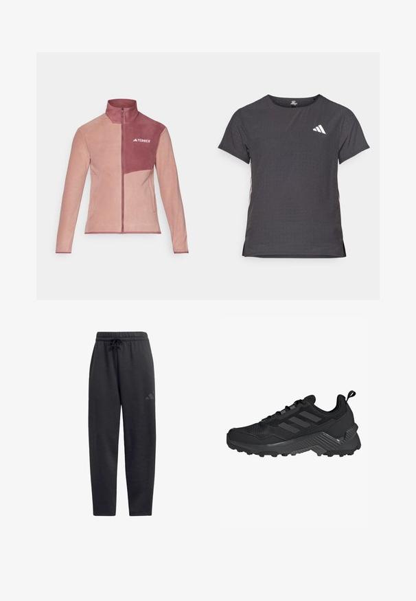 Fleece jacket in pink and maroon, with a high collar, zip front, and logo on the chest. Features two side pockets and contrasting panel design.; Short-sleeve athletic t-shirt, dark gray with perforated texture. Features a white logo and contrasting side stripes. Rounded neckline.; Black sweatpants made of soft fabric, featuring an elastic waistband with a drawstring, straight legs, and a discreet logo on the thigh.; Black athletic shoe featuring a mesh upper, three-stripe design, molded heel, and rugged outsole with prominent traction lugs.