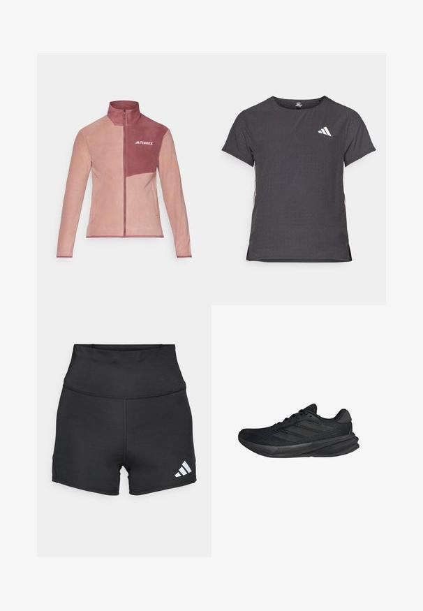 Giacca in pile rosa e bordeaux, con colletto alto, zip frontale e logo sul petto. Presenta due tasche laterali e un design a pannelli a contrasto.; T-shirt atletico a maniche corte, grigio scuro con texture perforata. Presenta un logo bianco e strisce laterali a contrasto. Girocollo.; adidas Performance Leggings - black; Scarpe sportive nere con tomaia in rete, forma aerodinamica, suola piatta e tre strisce diagonali sui lati. Design leggero per il massimo comfort.