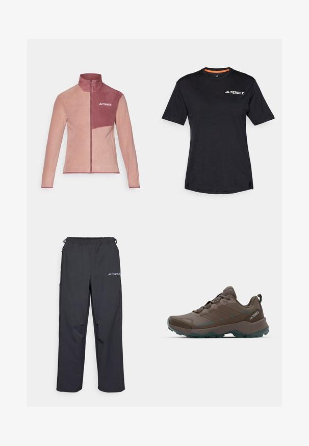 Fliisbjakett roosast ja tumepruunist, kõrge kaelusega, lukuga esil, ning rinnal logo. Omab kahte külge taskut ja kontrastset paneelikujundust.; Must t-särk lühikeste varrukatega, ümmarguse kaelusega, millel on peen heather struktuur ja valge "TERREX" logo vasakul ülanurgas.; Mustajad, kerged väljakäimise püksid elastse vöökoha, küljetaskute ja logoga paremal ülemisel jalal. Sile veekindel kangas.; Hallgrüüne ja teal värvi matkajalatsid, millel on võrkpaneelid, tekstureeritud pealis ja robustne kummipõhi. Omab pehmendatud keele ja paeladega kinnitust.