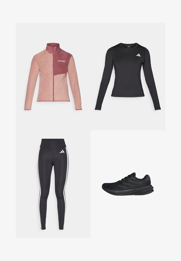 Villapaita vaaleanpunaisena ja maroonina, jossa on korkea kaulus, vetoketjukiinnitys ja logo rinnassa. Varustettu kahdella sivutaskulla ja erottuvalla paneelimuotoilulla.; Musta pitkähihainen urheilupaita, joka on valmistettu sileästä ja joustavasta materiaalista. Paidassa on valkoinen logo rinnassa. Täydellinen istuvuus ja pyöreä kaula-aukko.; Mustat legginsit korkealla vyötäröllä, joissa on valkoiset sivusuunnat ja pieni valkoinen logo vasemmassa yläreidessä. Valmistettu sileästä, joustavasta materiaalista.; Mustat urheilukengät, joissa on verkkopinta, virtaviivainen muoto, litteä pohja ja kolme vinoa raitaa sivussa. Kevyt muotoilu mukavuutta varten.