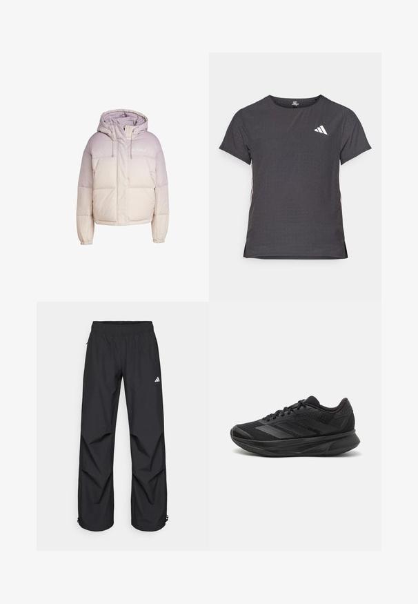 adidas Terrex XPLORIC WOMEN WIND.RDY GRADIENT GOOSE DOWN JK - Piumino - preloved fig; T-shirt atletico a maniche corte, grigio scuro con texture perforata. Presenta un logo bianco e strisce laterali a contrasto. Girocollo.; Pantaloni neri, leggeri, impermeabili, con vita elasticizzata, tasche laterali e polsini regolabili. Presentano un logo bianco sulla coscia sinistra.; Scarpa da corsa nera con tomaia in rete traspirante, punta rotonda, design elegante, dettagli testurizzati e suola ammortizzata per il comfort.