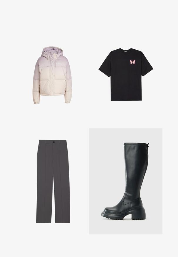 adidas Terrex XPLORIC WOMEN WIND.RDY GRADIENT GOOSE DOWN JK - Dunjakke - preloved fig; Svart bomulls T-skjorte med korte ermer, med en liten rosa sommerfugl grafikk på venstre bryst. Crew-neck design med en avslappet passform.; Grå bukser med rette ben, med to sidelommer og knappestenging. Glatt stoff uten synlige mønstre eller detaljer.; Høy svart lærstøvel med chunky plattformsåle og blokkhelt, med trekkstang og teksturert mønster på yttersålen.
