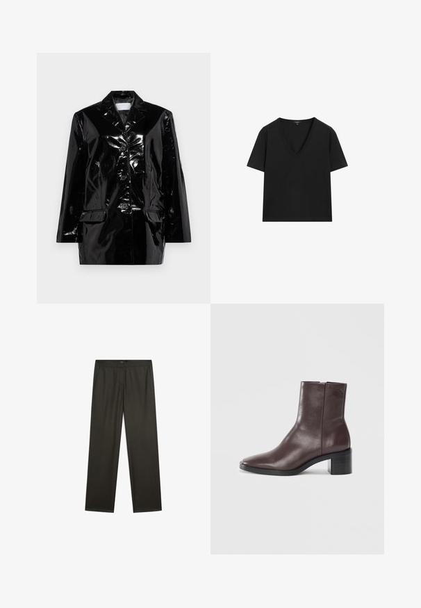 2nd Day HARRIET - Lederjacke - black; Schwarzes kurzärmeliges V-Ausschnitt-T-Shirt mit einem schlichten, taillierten Design auf einem weißen Hintergrund.; Dunkelgrüne, weit geschnittene Hosen mit glatter Textur, elastischem Bund und seitlichen Taschen. Schlichtes Design ohne sichtbare Muster oder Beschläge.; Dunkelbraune Lederstiefelette mit quadrater Zehenform, Blockabsatz und dezentem eingeprägtem Logo nahe der oberen Kante auf einem schlichten weißen Hintergrund.