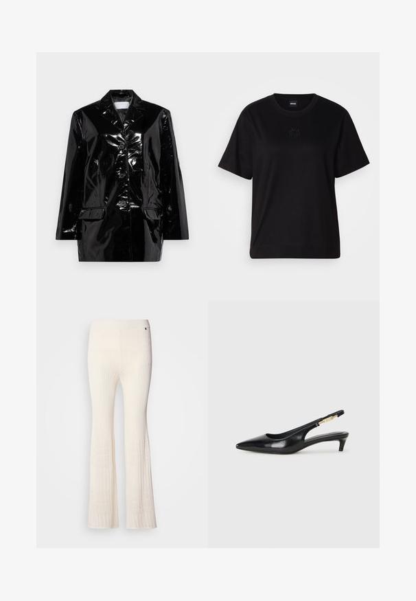 2nd Day HARRIET - Usnjena jakna - black; Črna bombažna majica s krožnim izrezom, kratkimi rokavi in izvezenim logotipom na prsih. Preprosta, sproščena silhueta brez vzorcev.; Ribane, krema barve pletene hlače s širjenjem na dnu in strukturiranim čipkastim vzorcem na spodnjem robu. Mehka tkanina z oprijetim pasom.; Črne usnjene sandale na peto z ostro konico, ki imajo tanko peto in zlat ton na nastavljivem traku. Gladka tekstura.