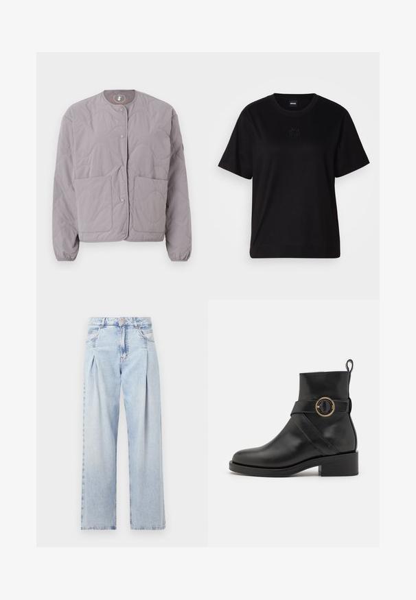 Save the duck LOOP - Bomber Jacket - iron grey; Black cotton t-shirt with a crew neckline, short sleeves, and an embroidered logo on the chest. Simple, relaxed fit with no patterns.; Light blue denim jeans with a high waist, wide-leg cut, two side pockets, and pleated design feature. Soft texture with a faded finish.; BOSS IRYNA BOOTIE - Platform ankle boots - black