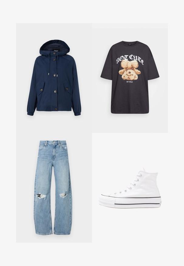 Mørkeblå jakke med hette, elastiske mansjetter og to frontlommer. Har knappelukking og snor i hetten. Glatt tekstur.; Svart oversized t-skjorte med en grafikk av en bjørn og teksten "IKKE SØT, MEN VILL" i fet, hvit skrift. Laget av bomull.; Lyseblå høytlivsjeans laget av denim. Har vide bein, to revne knær og klassisk fem-lommers design.; Hvit høy-skinn kanvas sneakers med svart gummisåle, gummitåhette foran og seks hull for snorer, med et rent, minimalistisk design.