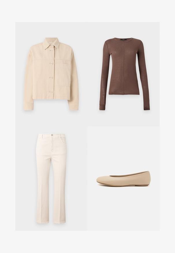Beige cropped jakke lavet af slidstærkt stof, med knaplukning, spids krave og en enkelt brystlomme. Glat tekstur.; Brun langærmet bluse lavet af let, glat stof. Har en rund halsudskæring og subtil sømdetalje foran.; Beige flare jeans lavet af bomuld, med høj talje, fem lommer, knaplukning og diskrete syninger.; Beige læder balletflade med afrundet tå, minimal sømdetaljering, lav hæl og subtilt logo på bagsiden. Glat, mat tekstur.