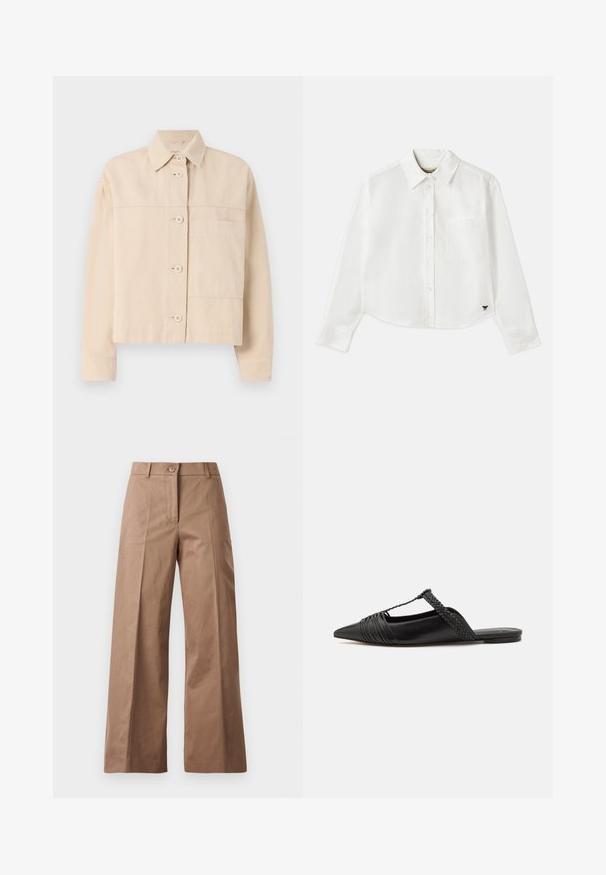 Beige cropped jack gemaakt van duurzaam stof, met een knoopsluiting, puntige kraag en een enkele borstzak. Glad textuur.; Witte, cropped, langemouwen shirt van katoen. Heeft een knoopsluiting aan de voorkant, een borstzak en een klein zwart logo op de linksonder.; Bruine wijde broek gemaakt van een gladde stof, met een voorknoopsluiting, twee zijzakken en strakke, op maat gemaakte lijnen.; Zwarte leren slingback schoen met een puntige neus, voorzien van een gevlochten accent en geplooid ontwerp aan de bovenkant. Platte zool met minimale hardware.