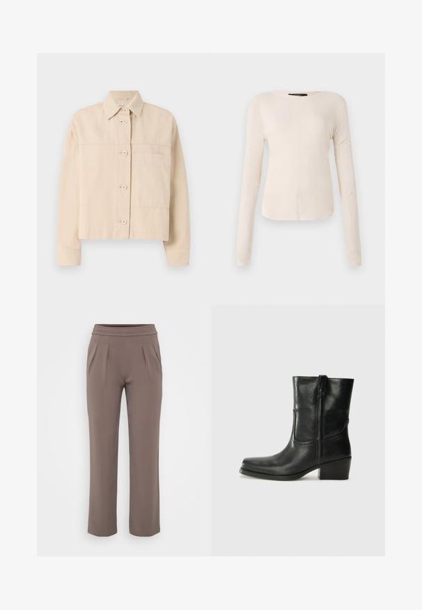 Beige lyhythihainen takki, joka on valmistettu kestävästä kankaasta. Takissa on napitus, teräväkauluksinen muotoilu ja yksi rintatasku. Pintakuvio on sileä.; Pitkähihainen, vaaleanbeige paita, jossa on pyöreä kaula-aukko. Valmistettu pehmeästä kankaasta, jossa on keskeinen sauma ja hieman kaareva helma. Ei näkyvää metalliosaa.; Harmaat löysät housut, joissa on joustava vyötärö ja etutaskut, valmistettu sileästä kankaasta.; Musta nahkasaapas nilkkamittaisella varrella, pyöreällä kärjellä, lohkarekorolla, sivuvetoketjulla ja ompeluaksentilla varren yläosassa. Suora pinta, klassinen muotoilu.