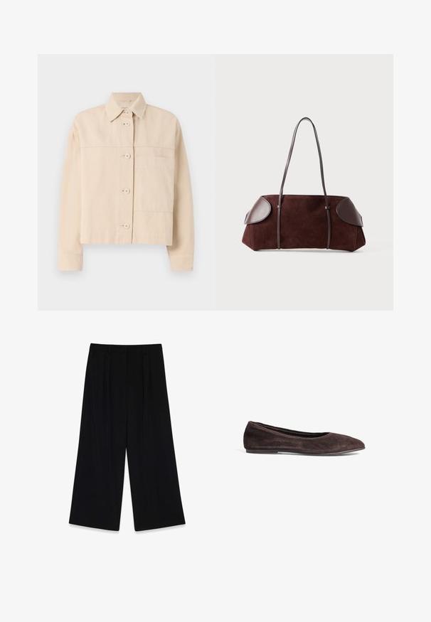 Beige lyhythihainen takki, joka on valmistettu kestävästä kankaasta. Takissa on napitus, teräväkauluksinen muotoilu ja yksi rintatasku. Pintakuvio on sileä.; Valkoinen lyhythihainen T-paita, joka on tehty puuvillasta. Siinä on pyöreä kaula-aukko ja rento malli. Silkkinen pinta ilman näkyviä kuvioita tai koristeita.; Mustat leveät housut, jotka on valmistettu sileästä kankaasta. Niissä on laskokset edessä, keskipitkä vyötärö ja ei näkyviä kiinnityksiä tai koristeita.; Ruskeat mokka ballerinat, joissa on terävä kärki ja matala profiili. Ominaisuuksiin kuuluu sileä pintakuvio ja minimalistinen muotoilu. Ei näkyvää metallia tai koristeita.; Ruskea mokkavuori laukku nahkaakkosilla, jämäkkä muoto, kaksinkertaiset olkahihnat ja pyöristetyt reunat, joissa on sileä pinta ja minimaalinen varustus.