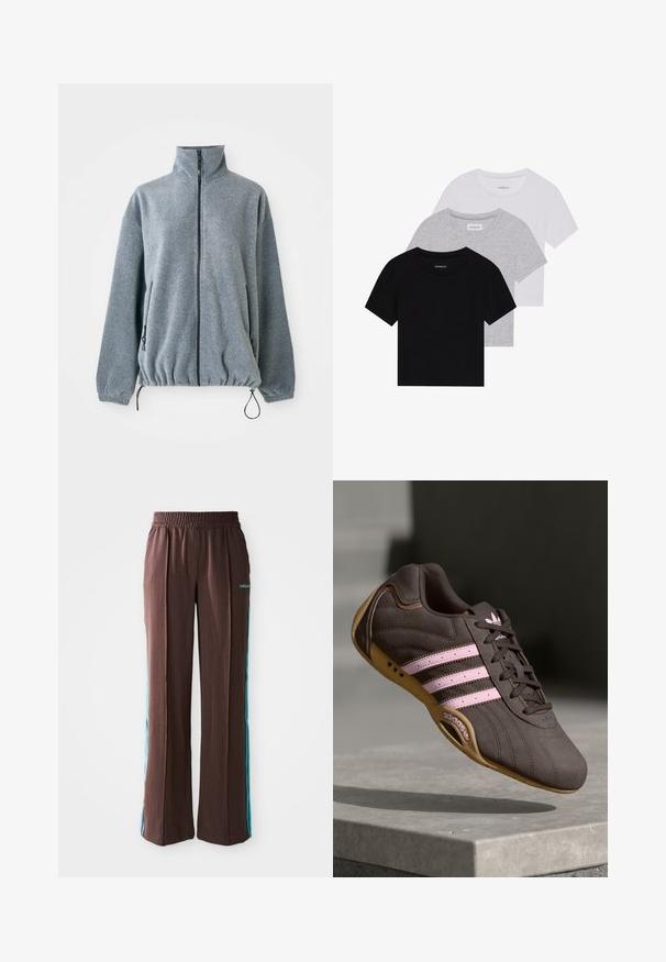 Világosszürke polárdzseki magas gallérral, teljes előlapi cipzárral, cipzáras oldalzsebekkel, rugalmas mandzsettákkal és állítható alsó zsinórral.; Három rövidujjú póló készlet fekete, szürke és fehér színben. Pamutból készült, kerek nyakú, egyszerű, egyszínű dizájnnal.; Barna sportnadrág bordázott textúrával, rugalmas derékpánttal és türkiz oldalsávokkal. Az elején az adidas logóval rendelkezik.; Barna velúr sportcipő rózsaszín csíkokkal és logóval, texturált felsőrésszel, fűzős záródással és gumi talppal.