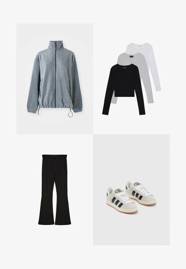 Lys grå fleecejakke med høy krage, full frontglidelås, glidelås lommer på sidene, elastiske ermer, og justerbare hemdragsnorer.; Tre lange ermer t-skjorter stablet: svart, grå og hvit. Hver har en rund hals og et kort design med glatt, lett stoff.; Sorte flared leggings laget av stretchy stoff. Har en bred midjebånd og en glatt tekstur, med en tettsittende silhuett som blir videre nedover.; Grå semsket sneakers med hvite lisser, svarte striper og en hvit gummisåle. Har en sirkulær logo på tungen og en gummisåle.