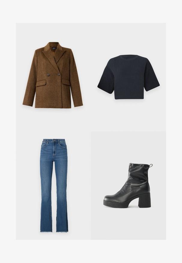 Brauner doppelt knöpferner Wollblazer mit breiten Revers, zwei vorderen Klappentaschen und Knopfverschluss, auf einem schlichten weißen Hintergrund präsentiert.; Dunkelblaue cropped Strickjacke mit gerippter Textur, kurzen weiten Ärmeln und rundem Halsausschnitt. Schlichtes Design, keine sichtbaren Muster oder Akzente.; Schwarzblaues Denim mit Schlag, hoher Bund, ausgefranster Saum und fünf Taschen. Glatte Textur mit subtiler Ausbleichung.; Schwarze Stiefeletten aus glattem Leder mit seitlichem Reißverschluss, klobigem strukturiertem Absatz und runder Zehenform.