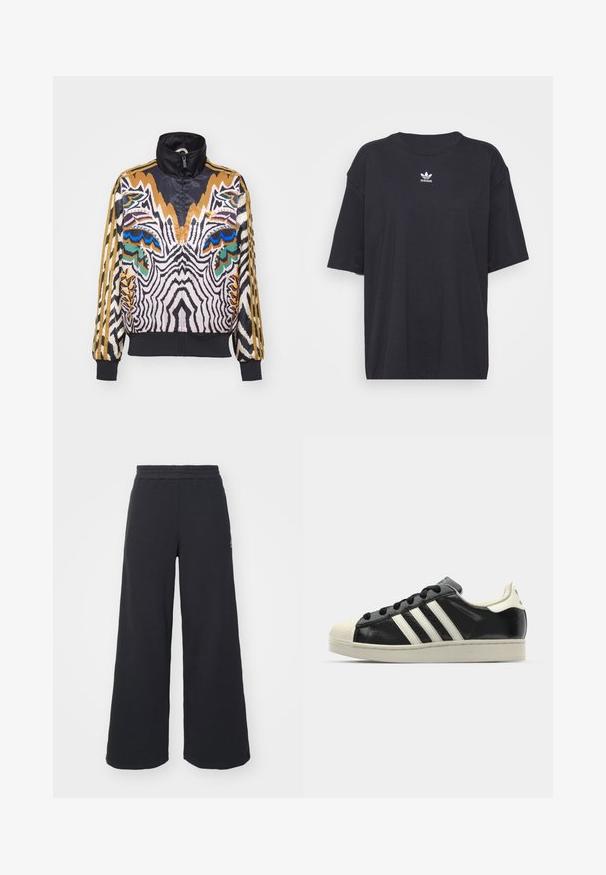 adidas Originals ADIDAS FARM RIO FIREBIRD TRACK - Treningsjakke - crystal sand; Svart bomull T-skjorte med korte ermer, rund halslinje, med en hvit Adidas-logo på brystet. Enkel design, avslappet passform.; Svart bukse med vid benvidde laget av myk stoff, med elastisk midjebånd og en liten logo på venstre side.; Svarte skinnsneakers med hvite striper, gummitopp, svarte lisser og en kremfarget såle. Glatt tekstur med blank finish.