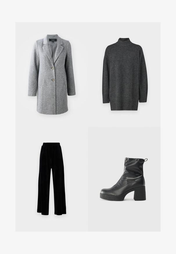 Grå ullblandingsfrakk med skreddersydd silhuett, notched krager, to frontlommer og to-knappslukking, med en teksturert stoff.; Mørkegrå, stor turtleneck genser laget av mykt strikkemateriale med lange ermer og ribbestrikket kant; glatt tekstur, minimalistisk design.; Sorte vide bukser laget av myk vernet, med elastisk midjebånd og en jevn tekstur, uten synlige detaljer eller mønstre.; Svarte ankelstøvler laget av glatt lær, med glidelås på siden, chunky strukturert hæl, og rund tå-design.