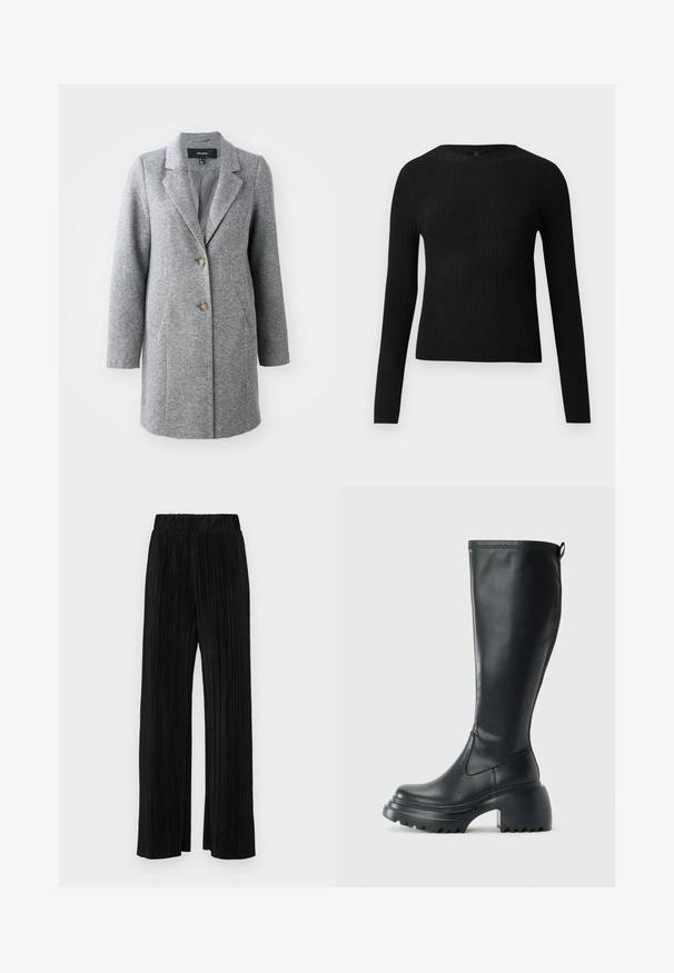 Casaco cinza em mistura de lã com uma silhueta ajustada, lapelas recortadas, dois bolsos frontais e fecho de dois botões, apresentando um tecido texturizado.; Suéter preto de mangas compridas com textura canelada, justo ao corpo, com um decote redondo, exibido contra um fundo claro e liso.; Calças pregueadas pretas com uma cintura elástica. Apresentam pernas largas e um tecido liso, texturizado com riscas verticais.; Bota preta de couro alta com sola de plataforma robusta e salto bloco, apresentando puxador e padrão texturizado na sola.