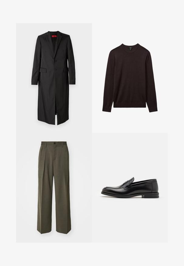 Mustmust musträkk, millel on kerge kangas ja, mis on ühe nööbiga, kahe nööbiga ja küljetaskutega. Minimalistlik stiil, millel on sujuv siluett.; Reiss Džemper - dark bordeaux; Filippa K WIDE TROUSERS - Püksid - driftwood; Mustad mustad nahast loafers sileda tekstuuriga, ümarat ninaosa ja dekoratiivne riba vampi üle. Madal kihiline konts, minimalistlik disain.