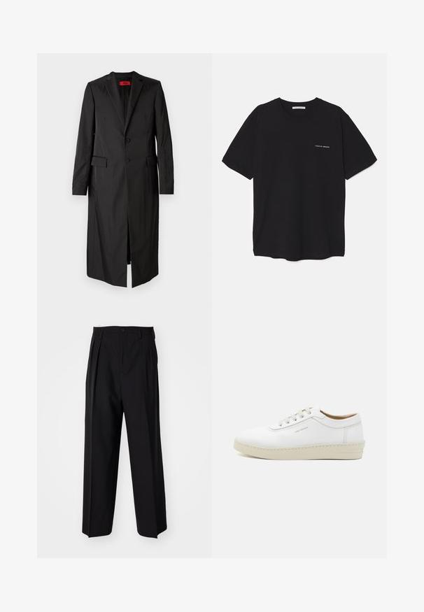 Čierny dlhý kabát z ľahkej látky, s jednoradovým zapínaním, dvoma gombíkmi a bočnými vreckami. Minimalistický štýl s elegantným siluetou.; Čierne bavlnené tričko s okrúhlym výstrihom, krátkymi rukávmi a bielou potlačou loga na ľavej hrudi. Jednoduchý, jednoliaty dizajn.; Čierne skladané nohavice s rovnom, širokým strihom. Vyrobené z hladkého materiálu, s gombíkovým zapínaním a pútkami na opasok.; Biele kožené tenisky s textúrovaným povrchom, okrúly špička, béžová gumová podrážka a šesť sivých vystužených očiek na šnúrky, so subtílnym brandingom na boku.